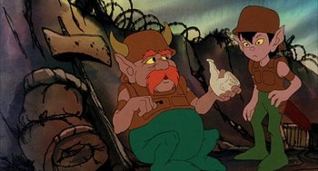 Movie still from “Wizards” (1977), directed by Ralph Bakshi – An animated picture of a troll holding a piece of paper; Medium shot, High angle