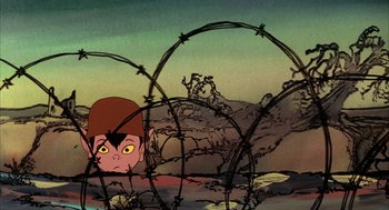 Movie still from “Wizards” (1977), directed by Ralph Bakshi – A cartoon picture of a boy in a barbed wire field; Extreme Close Up shot, High angle