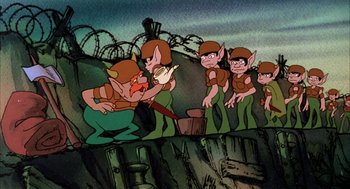 Movie still from “Wizards” (1977), directed by Ralph Bakshi – A group of cartoon characters are lined up against a wall; Wide shot, High angle