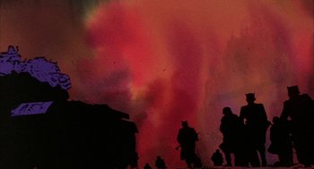 Movie still from “Wizards” (1977), directed by Ralph Bakshi – A group of people standing in front of a cloud of smoke; Extreme Wide shot, Low angle