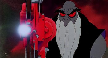 Movie still from “Wizards” (1977), directed by Ralph Bakshi – A bird with red eyes; Medium shot, Low angle