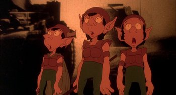 Movie still from “Wizards” (1977), directed by Ralph Bakshi – A group of cartoon elves standing next to each other; Medium shot, High angle