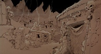Movie still from “Wizards” (1977), directed by Ralph Bakshi – An artistic drawing of an area with rocks and trees; Wide shot, High angle