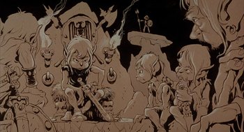 Movie still from “Wizards” (1977), directed by Ralph Bakshi – An illustration of a group of people in a cave; Wide shot, High angle