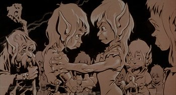 Movie still from “Wizards” (1977), directed by Ralph Bakshi – A couple of people that are hugging each other; Medium shot, High angle