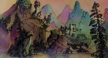 Movie still from “Wizards” (1977), directed by Ralph Bakshi – A colorful painting of a mountain and a river; Extreme Wide shot, High angle