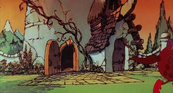 Movie still from “Wizards” (1977), directed by Ralph Bakshi – An artistic drawing of a house with a tree; Wide shot, High angle