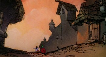 Movie still from “Wizards” (1977), directed by Ralph Bakshi – A painting of a castle with a person sitting on the ground; Wide shot, Low angle