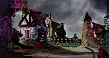 Movie still from “Wizards” (1977), directed by Ralph Bakshi – A painting of a town with a bunch of people on it; Wide shot, Low angle
