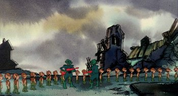 Movie still from “Wizards” (1977), directed by Ralph Bakshi – A painting of a group of people standing in front of a building; Wide shot, High angle