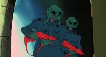 Movie still from “Wizards” (1977), directed by Ralph Bakshi – A couple of people that are holding guns in their hands; Medium shot, Low angle