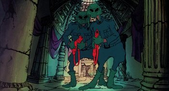 Movie still from “Wizards” (1977), directed by Ralph Bakshi – A cartoon picture of two people in alien costumes; Wide shot, Low angle