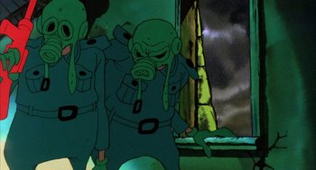Movie still from “Wizards” (1977), directed by Ralph Bakshi – An animated picture of an alien in a green suit; Medium shot, Low angle