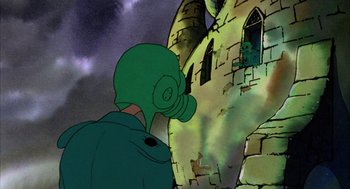 Movie still from “Wizards” (1977), directed by Ralph Bakshi – A cartoon of a man in a gas mask looking at a castle; Medium shot, Low angle