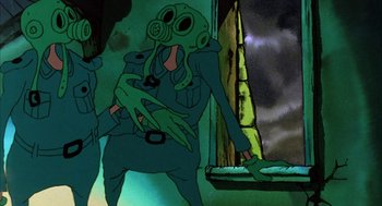 Movie still from “Wizards” (1977), directed by Ralph Bakshi – An image of an animated character in a gas mask; Medium shot, Low angle