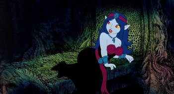 Movie still from “Wizards” (1977), directed by Ralph Bakshi – A woman with long blue hair is sitting on a bench in the dark; Wide shot, High angle
