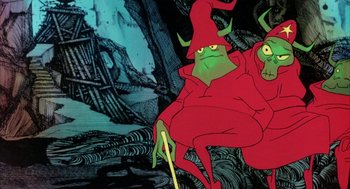 Movie still from “Wizards” (1977), directed by Ralph Bakshi – Two cartoon characters dressed in red and green; Wide shot, High angle