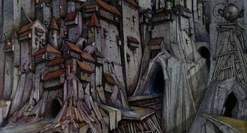 Movie still from “Wizards” (1977), directed by Ralph Bakshi – An artistic painting of a city with many buildings; Extreme Wide shot, High angle