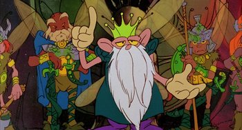 Movie still from “Wizards” (1977), directed by Ralph Bakshi – A cartoon character with a crown on his head; Medium shot, Low angle