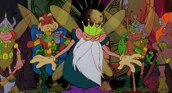 Movie still from “Wizards” (1977), directed by Ralph Bakshi – A group of cartoon characters in front of a painting; Wide shot, Low angle
