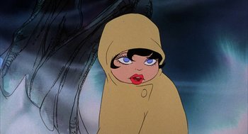 Movie still from “Wizards” (1977), directed by Ralph Bakshi – A cartoon of a woman wearing a hooded jacket; Close Up shot, Low angle
