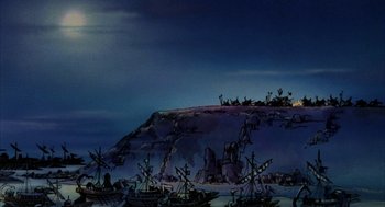 Movie still from “Wizards” (1977), directed by Ralph Bakshi – An animated scene of a pirate ship in the water; Extreme Wide shot, Low angle