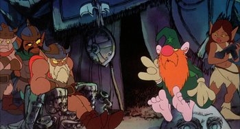 Movie still from “Wizards” (1977), directed by Ralph Bakshi – A group of cartoon characters in a room; Wide shot, Low angle