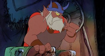 Movie still from “Wizards” (1977), directed by Ralph Bakshi – An animated picture of a man with a beard wearing a viking helmet; Medium shot, Low angle