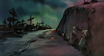 Movie still from “Wizards” (1977), directed by Ralph Bakshi – An animated scene of a beach with a ship in the background; Extreme Wide shot, High angle