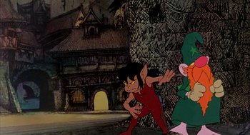 Movie still from “Wizards” (1977), directed by Ralph Bakshi – An animated picture of a man and a woman in front of a building; Wide shot, Low angle