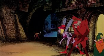 Movie still from “Wizards” (1977), directed by Ralph Bakshi – A group of cartoon characters are in a tunnel; Wide shot, Low angle