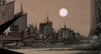 Movie still from “Wizards” (1977), directed by Ralph Bakshi – A painting of a ship in the water; Extreme Wide shot, Low angle