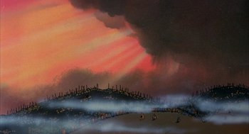 Movie still from “Wizards” (1977), directed by Ralph Bakshi – A painting of a sky filled with dark clouds; Extreme Wide shot, Low angle