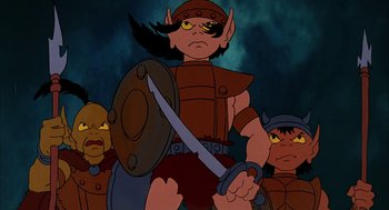 Movie still from “Wizards” (1977), directed by Ralph Bakshi – A group of people standing next to each other; Medium shot, Low angle