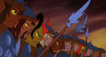 Movie still from “Wizards” (1977), directed by Ralph Bakshi – A group of cartoon characters are gathered together; Wide shot, High angle