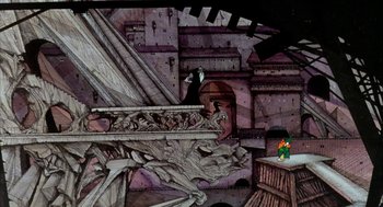 Movie still from “Wizards” (1977), directed by Ralph Bakshi – An artistic painting of a man in a black suit; Extreme Wide shot, High angle