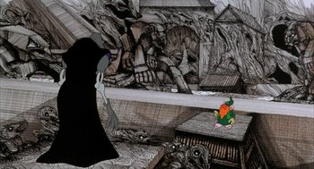 Movie still from “Wizards” (1977), directed by Ralph Bakshi – An image of an animated scene with a person and a bird; Wide shot, High angle