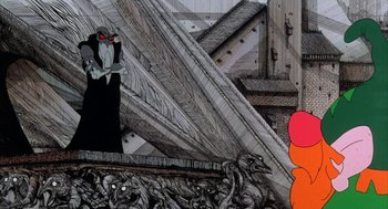 Movie still from “Wizards” (1977), directed by Ralph Bakshi – A drawing of a man in a black suit and a red bow tie; Wide shot, Low angle