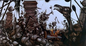 Movie still from “Wizards” (1977), directed by Ralph Bakshi – An artistic painting of a bunch of monsters; Extreme Wide shot, High angle