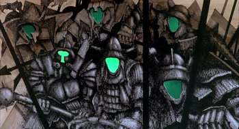 Movie still from “Wizards” (1977), directed by Ralph Bakshi – A painting of a group of soldiers; Extreme Close Up shot, Overhead angle