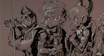 Movie still from “Wizards” (1977), directed by Ralph Bakshi – A group of people standing next to each other on top of a wall; Medium shot, High angle