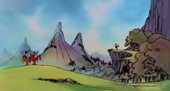 Movie still from “Wizards” (1977), directed by Ralph Bakshi – An animated scene of a mountain with a person walking on a cliff; Extreme Wide shot, Low angle