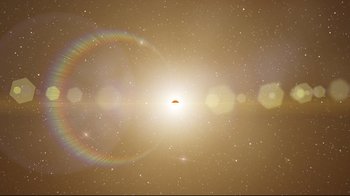 Movie still from “Wolf Children” (2012), directed by Mamoru Hosoda – The sun shines brightly in the middle of the night sky; Extreme Wide shot, Overhead angle