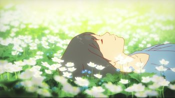 Movie still from “Wolf Children” (2012), directed by Mamoru Hosoda – A woman laying in a field of white flowers; Extreme Close Up shot, High angle