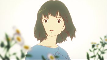 Movie still from “Wolf Children” (2012), directed by Mamoru Hosoda – A woman with a short black hair is looking at the camera; Close Up shot, Over the shoulder angle