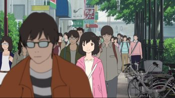 Movie still from “Wolf Children” (2012), directed by Mamoru Hosoda – A crowd of people walking down a street; Wide shot, Over the shoulder angle