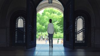 Movie still from “Wolf Children” (2012), directed by Mamoru Hosoda – A person walking through an archway towards a park; Wide shot, Low angle