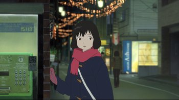 Movie still from “Wolf Children” (2012), directed by Mamoru Hosoda – An animated woman wearing a red scarf walking down a street; Medium shot, Over the shoulder angle