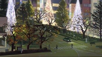 Movie still from “Wolf Children” (2012), directed by Mamoru Hosoda – A painting of a city at christmas time; Extreme Wide shot, Low angle