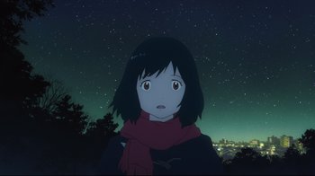 Movie still from “Wolf Children” (2012), directed by Mamoru Hosoda – A woman with a scarf is standing in front of the night sky; Close Up shot, Low angle